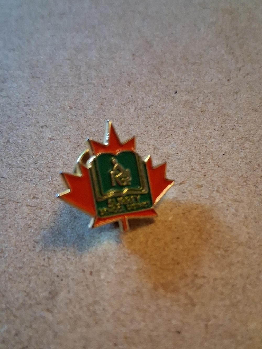 Enamel Maple Leaf Pin with Green School Emblem - Picture 3 of 7
